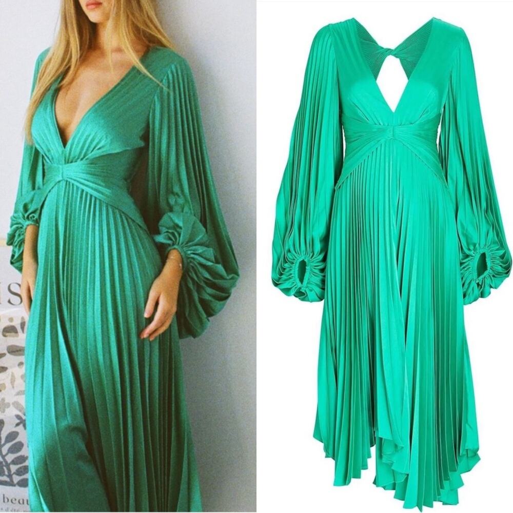 ACLER Palms Pleated Long Sleeve Asymmetric Satin Green Midi Dress Sz 6